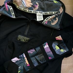PINK Victoria's Secret Black Half-Zip Hoodie XS Patterned Sleeves Hood